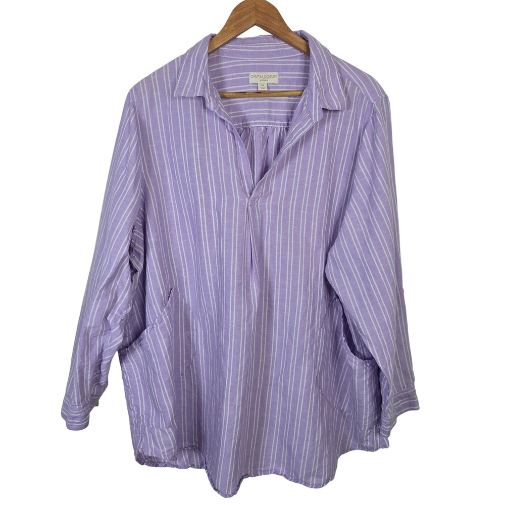 Cynthia Rowley Woman Purple White Striped Linen Cotton Tunic Pockets Roll Tab 3X